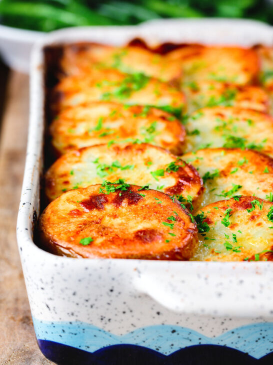 Minced beef and potato hotpot served in a baking dish.