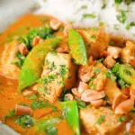 Close-up satay chicken curry with peanuts and coriander served with steamed rice.