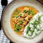 Overhead satay chicken curry with peanuts and coriander served with steamed rice.