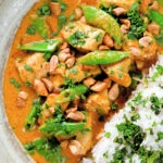 Overhead close-up satay chicken curry with peanuts and coriander served with steamed rice.
