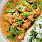 Overhead close-up satay chicken curry with peanuts and coriander served with steamed rice.