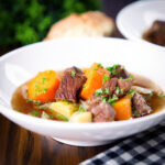 Slow cooker Irish stew with mutton or lamb, potatoes and carrots.