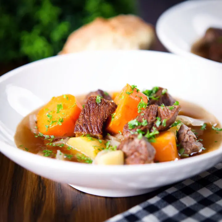 Slow cooker Irish stew with mutton or lamb, potatoes and carrots.