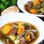 Traditional Irish stew with lamb, potatoes and carrots cooked in a slow cooker.