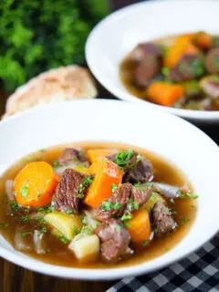 Traditional Irish stew with lamb, potatoes and carrots cooked in a slow cooker.