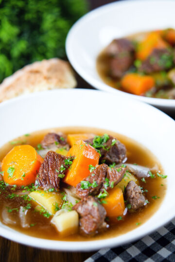 Traditional Irish stew with lamb, potatoes and carrots cooked in a slow cooker.