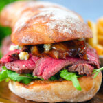 Sirloin steak, Stilton cheese and caramelised onion sandwich on toasted ciabatta bread.