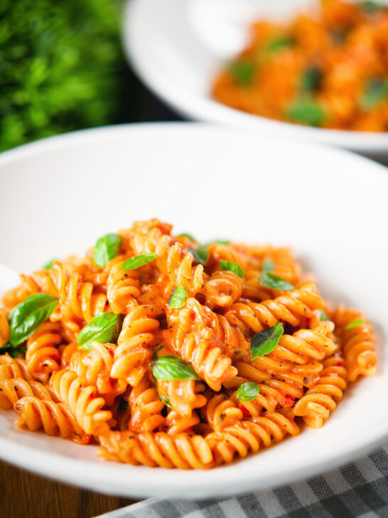 Creamy tomato, basil and and mascarpone cheese pasta.