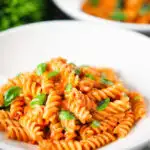 Creamy tomato, basil and and mascarpone cheese pasta.