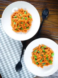 Overhead creamy tomato, basil and and mascarpone cheese pasta.