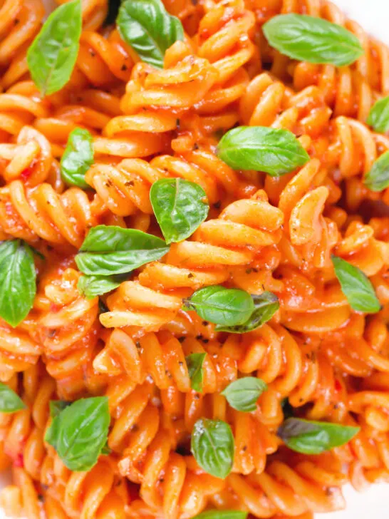 Close-up overhead tomato, basil and and mascarpone cheese pasta.