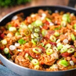 One-pot Cajun-influenced chicken and chorizo jambalaya.