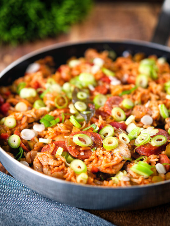 One-pot Cajun-influenced chicken and chorizo jambalaya.