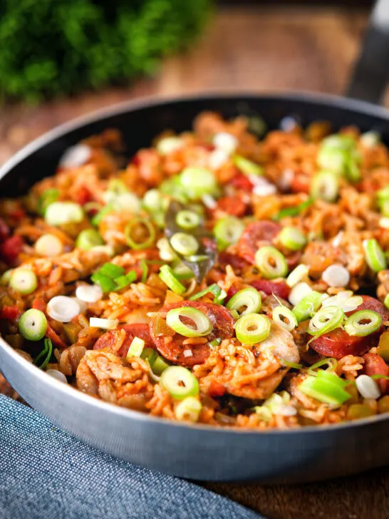 One-pot Cajun-influenced chicken and chorizo jambalaya.