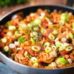 One-pot Cajun-influenced chicken and chorizo jambalaya.