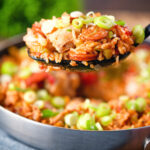 One-pot Cajun-influenced chicken and chorizo jambalaya on a spoon.