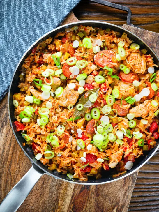 Overhead one-pot Cajun-influenced chicken and chorizo jambalaya.