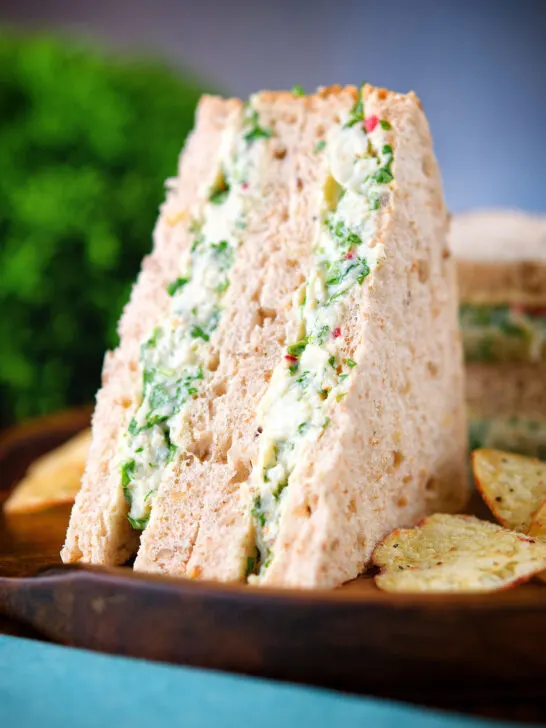 Canned crab sandwich with coriander, lime and chilli mayonnaise on seeded bread.