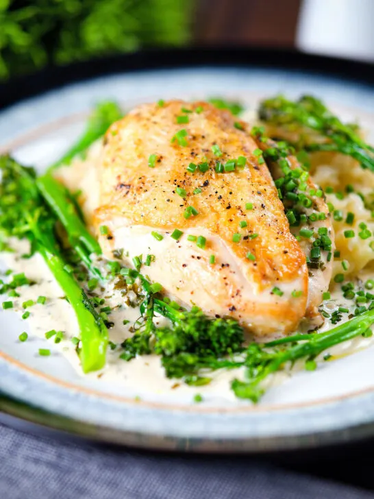 Creamy tarragon chicken breasts served with celeriac mash and tenderstem broccoli.