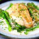 Creamy tarragon chicken breasts served with celeriac mash and tenderstem broccoli.