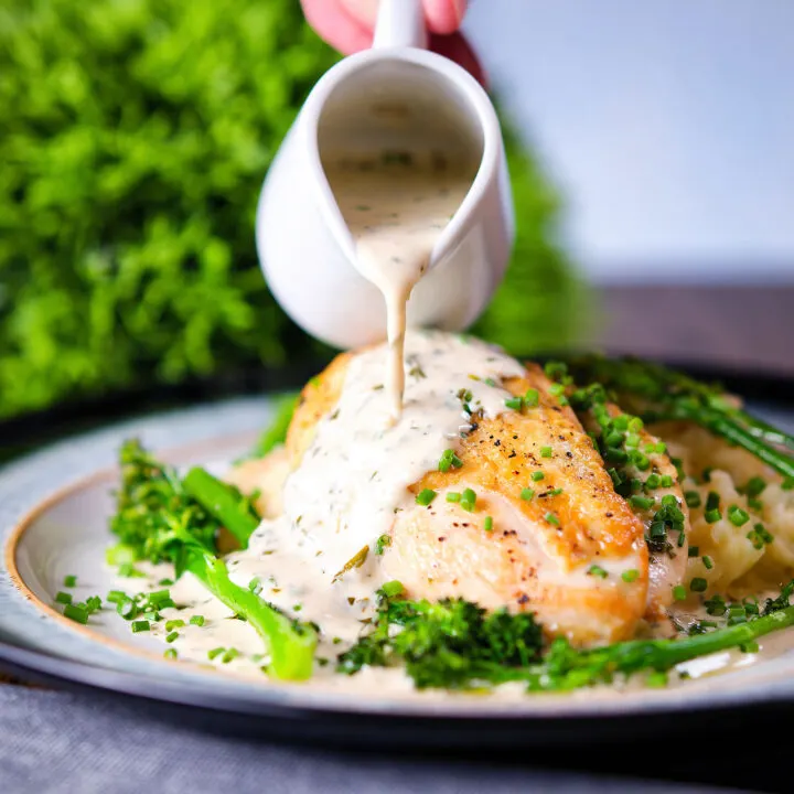 Chicken breast in a creamy tarragon and vermouth sauce with celeriac mash and tenderstem broccoli.