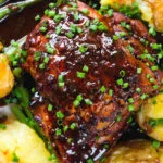 Overhead close-up devilled chicken thighs served with roasted new potatoes, green beans and chives.