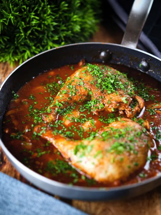 Chicken chasseur or French hunters chicken with mushrooms in a wine sauce.