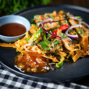 Homemade Sri Lankan influenced kottu roti or kotthu paraotha.