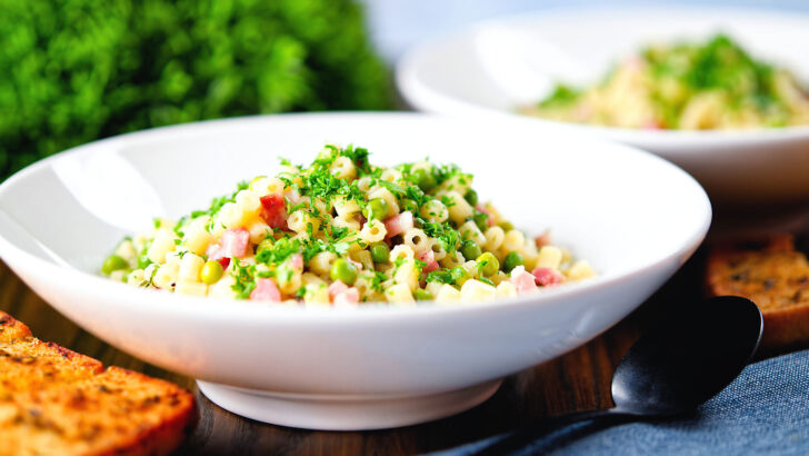 Italian pasta e piselli with peas, pancetta, mint and ditalini.