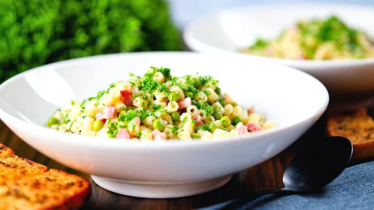 Italian pasta e piselli with peas, pancetta, mint and ditalini.
