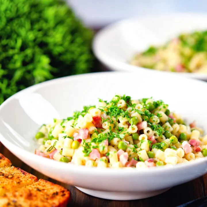 Italian pasta e piselli with peas, pancetta, mint and ditalini.