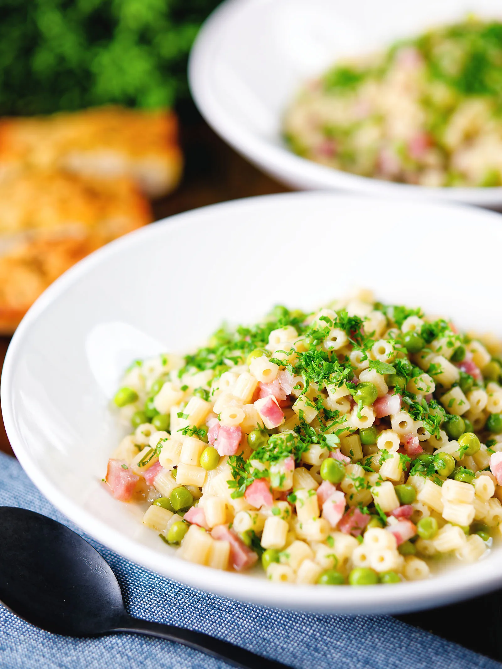 Italian pasta e piselli with peas, pancetta, mint and ditalini served with garlic ciabatta.