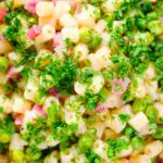 Close-up overhead Italian pasta e piselli with peas, pancetta, mint, parsley and ditalini.