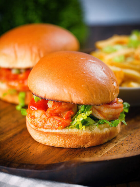 King prawn sandwich with a bloody Mary sauce and celery on a brioche bun.