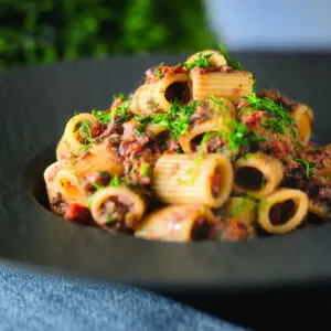 Sardine pasta Bolognese or ragu garnished with basil served in a black bowl.