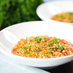 Creamy tomato and mascarpone risotto with basil chiffonade served in white bowls.