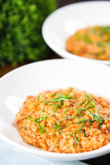 Tomato and mascarpone cheese risotto with basil chiffonade served in white bowls.