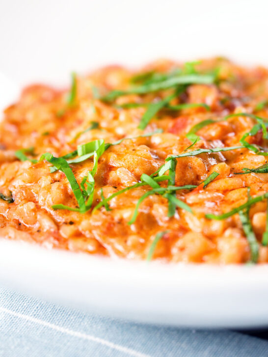 Close-up tomato and mascarpone cheese risotto with basil chiffonade served in a white bowl.