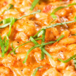 Close-up tomato and mascarpone cheese risotto with basil chiffonade.