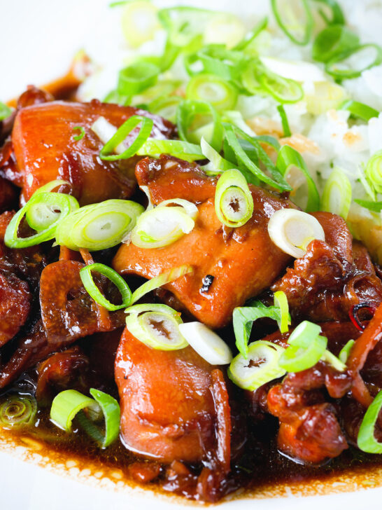 Close-up Vietnamese coconut caramel chicken served with jasmine rice and spring onions.