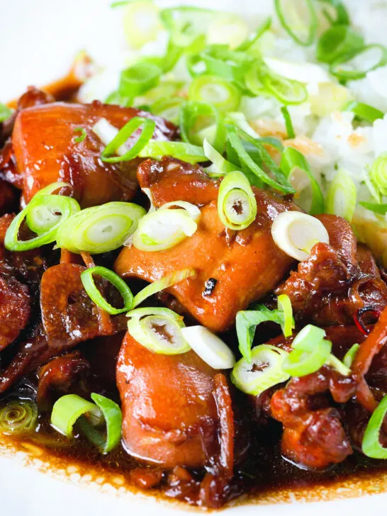 Close-up Vietnamese coconut caramel chicken served with jasmine rice and spring onions.