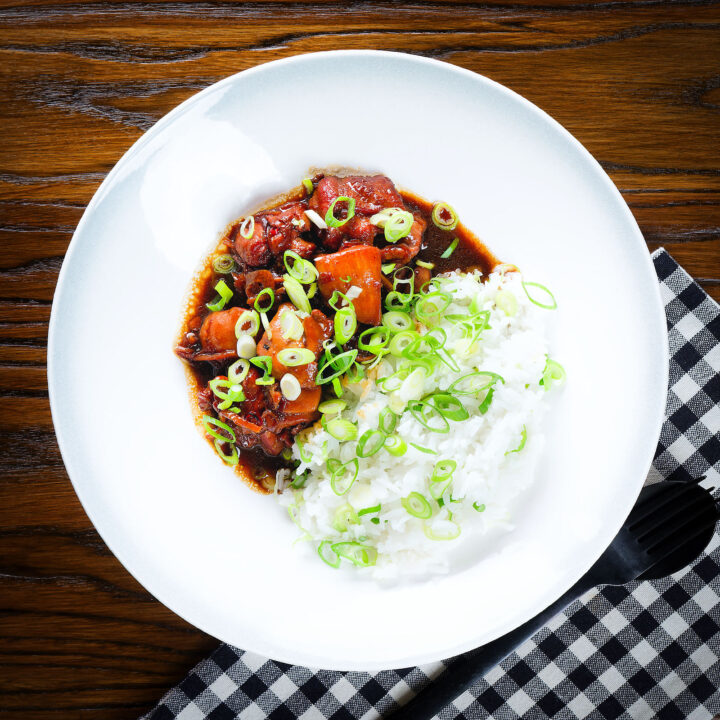 Vietnamese-influenced coconut caramel chicken served with jasmine rice and spring onions.