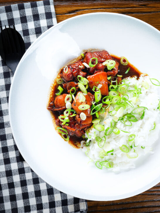 Overhead Vietnamese coconut caramel chicken served with jasmine rice and spring onions.
