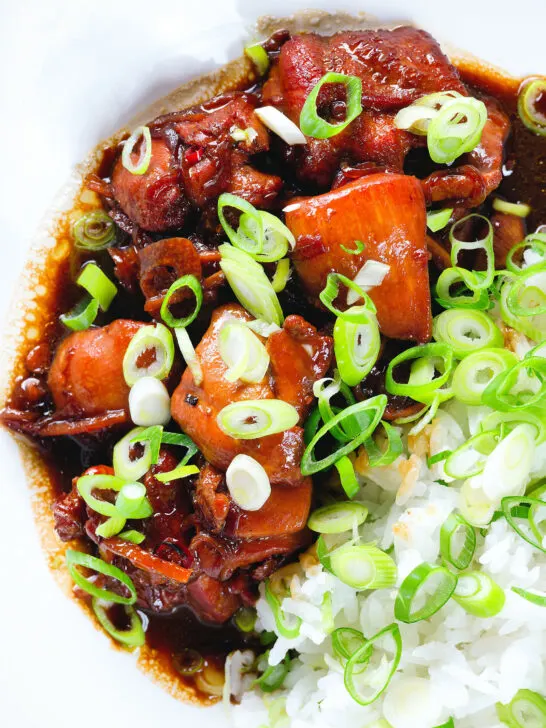 Overhead close-up Vietnamese coconut caramel chicken served with jasmine rice and spring onions.