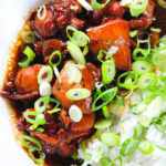Overhead close-up Vietnamese coconut caramel chicken served with jasmine rice and spring onions.