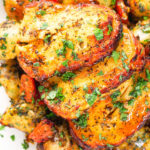 Overhead close-up air fryer halloumi cheese with a hot honey glaze served with Lebanese inspired batata harra.