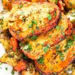 Overhead close-up air fryer halloumi cheese with a hot honey glaze served with Lebanese inspired batata harra.