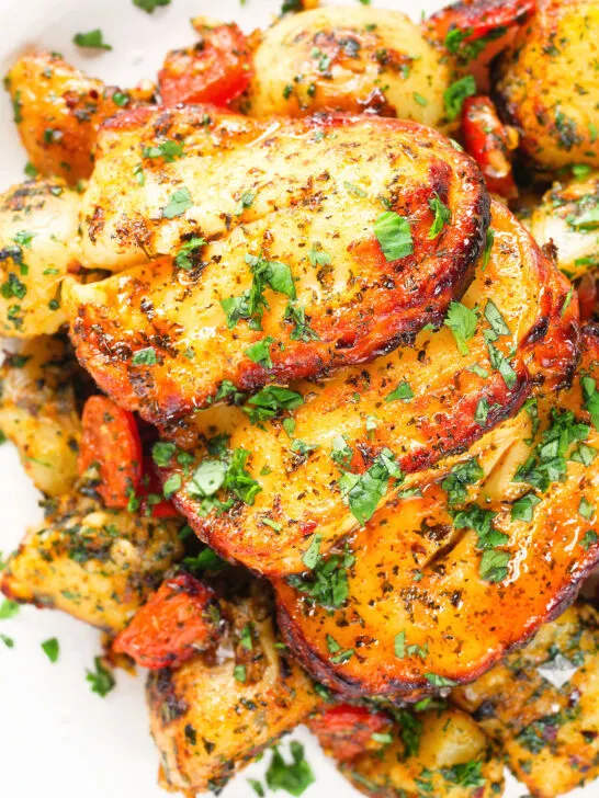 Overhead close-up air fryer halloumi cheese with a hot honey glaze served with Lebanese inspired batata harra.