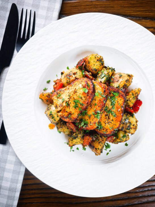 Overhead air fryer halloumi cheese with a hot honey glaze served with Lebanese inspired batata harra.