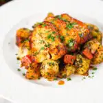Air fryer halloumi cheese with a hot honey glaze served with Lebanese inspired batata harra.